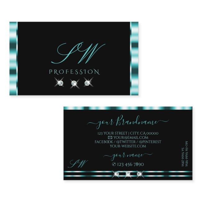Elegance Black Teal Sparkling Diamonds Initials Business Invitations