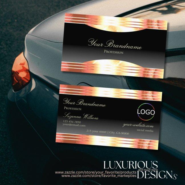 Elegance Black With Rose Gold Borders And Logo Business Invitations