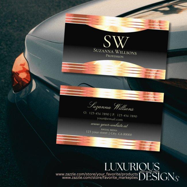 Elegance Black With Rose Gold Borders And Monogram Business Invitations