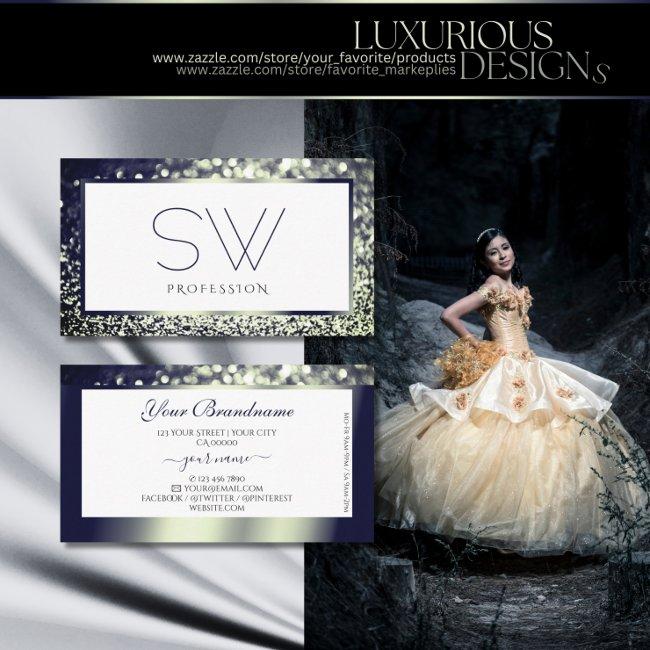 Elegance Blue Silver Ombre Glitter White Monogram Business Invitations