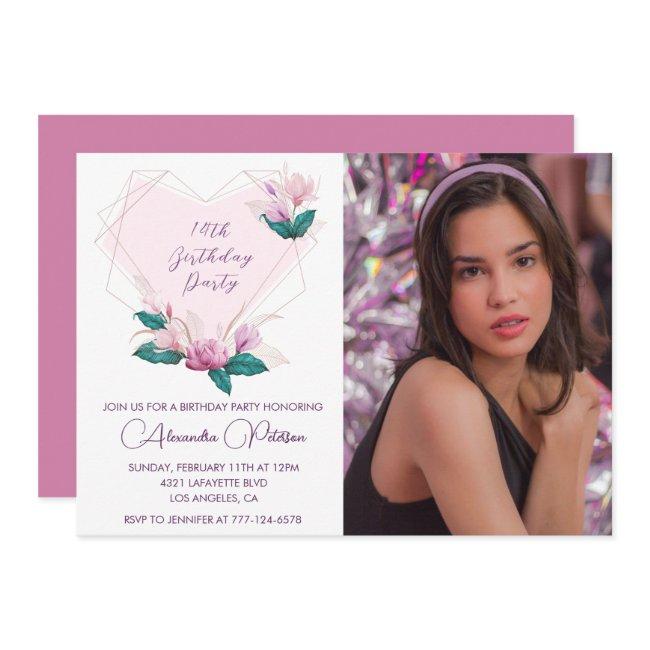 Elegant 14th Birthday Invitations Floral Photo