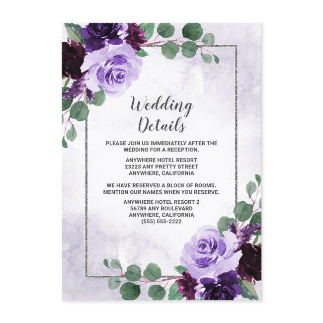 Elegant Airy Boho Floral Purple And Silver Wedding Enclosure Invitations