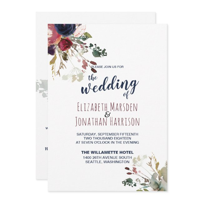 Elegant All In One Burgundy Navy Rose Gold Wedding Invitation