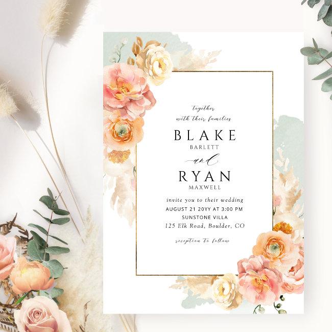 Elegant And Simple Sage, Peach And Blush Wedding Invitation