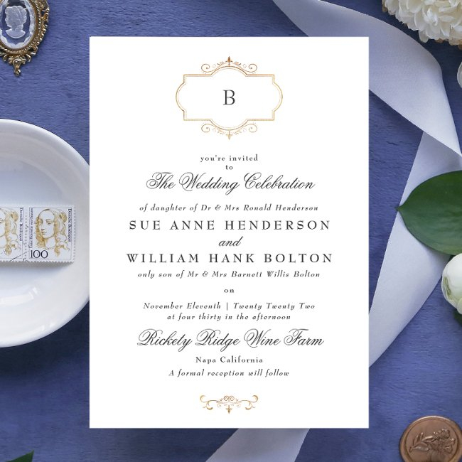 Elegant Antique Classic Gold Monogram Wedding Invitation