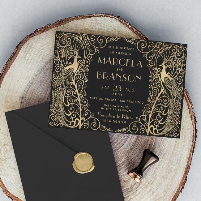 Elegant Art Deco Peacocks Wedding Gold On Black Invitation
