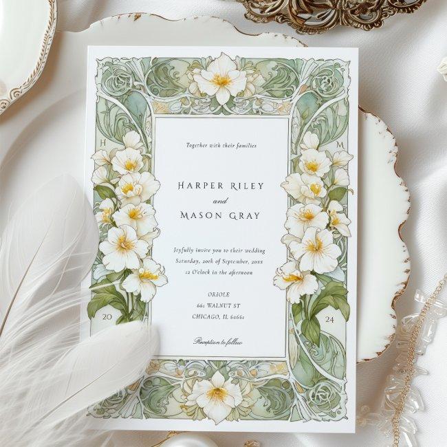 Elegant Art Nouveau White Orchid Wedding Invitation