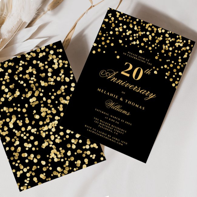 Elegant Black And Gold 20th Wedding Anniversary Invitation