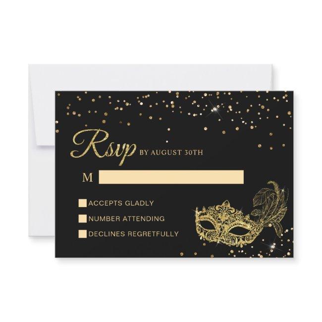 Elegant Black And Gold Glitter Masquerade Rsvp Invitations