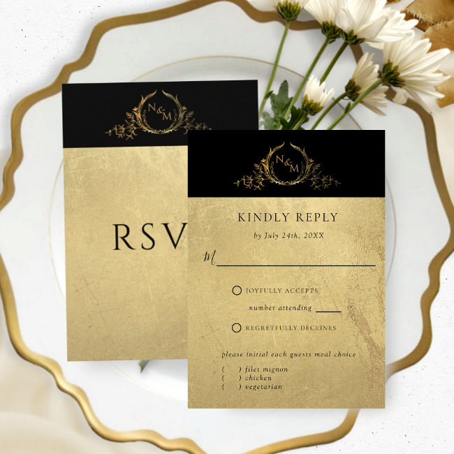 Elegant Black And Gold Monogram W/without Meals Rsvp Invitations