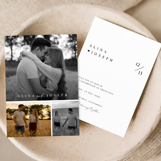 Elegant Black And White 3 Photo Collage Wedding Invitation