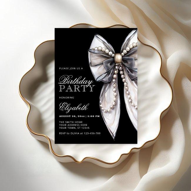 Elegant Black Bow And Pearl Birthday Party Invitation