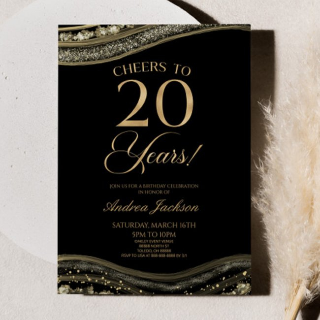 Elegant Black Gold Agate 20th Birthday Party Invitation