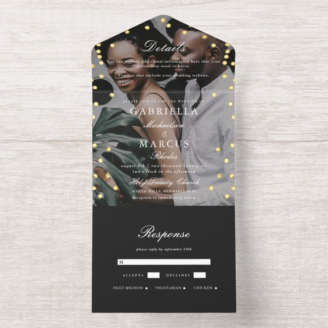 Elegant Black Gold Confetti Dots Photo Wedding All In One Invitation