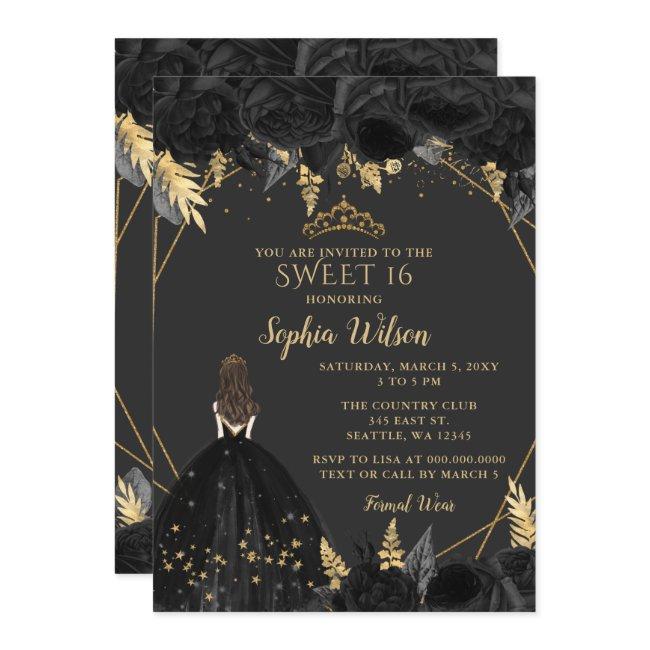 Elegant Black Gold Floral Princess Sweet 16 Invitation