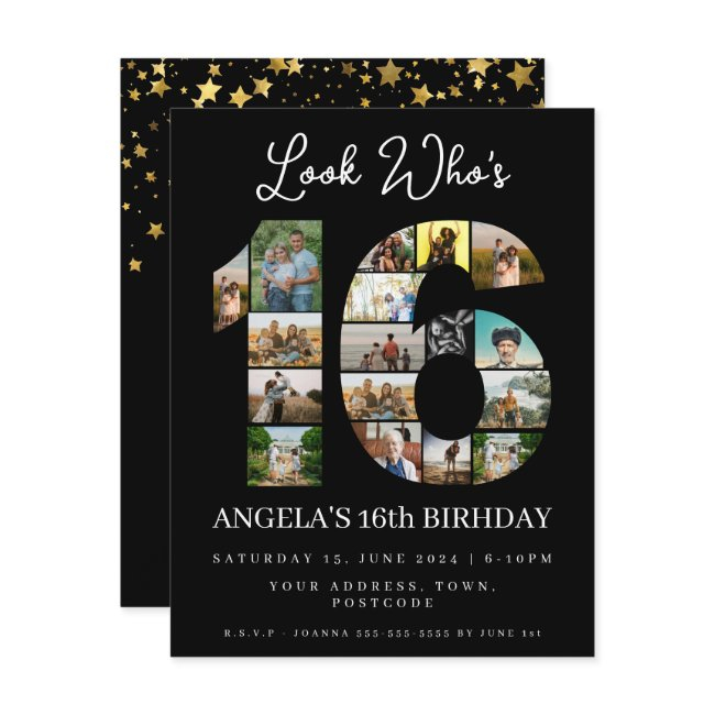 Elegant Black Look Who's 16 Photo Collage Invitation