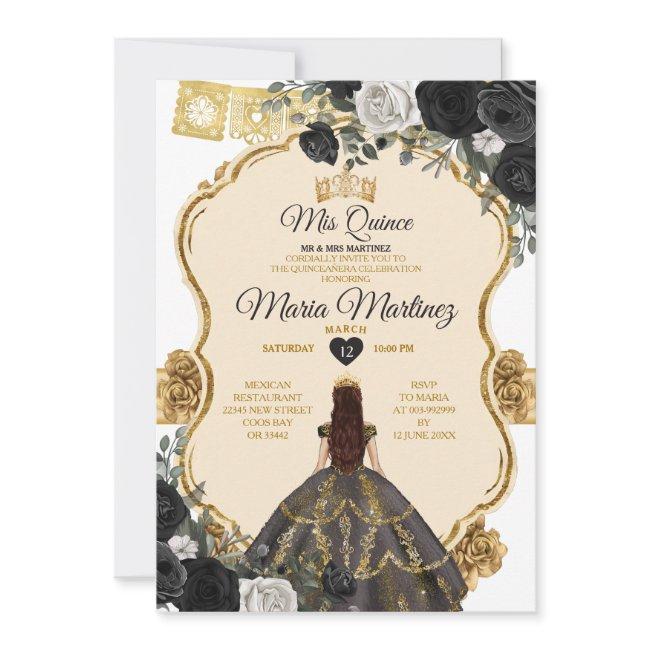 Elegant Black White And Gold Floral Mis Quince Invitation