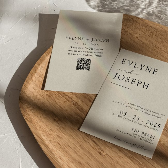 Elegant Black & White Boho Qr Code Wedding Invitation