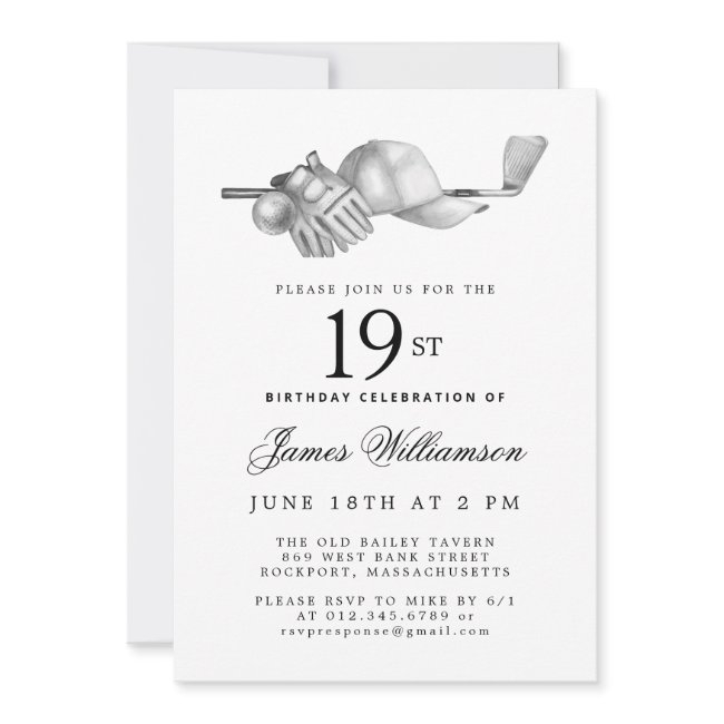 Elegant Black White Golf 19th Birthday Party Invitation