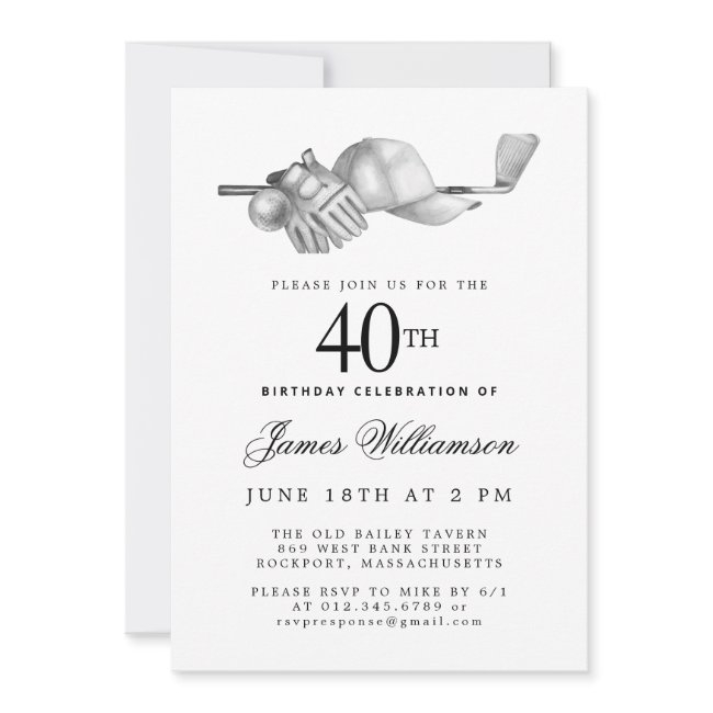 Elegant Black White Golf 40th Birthday Party Invitation