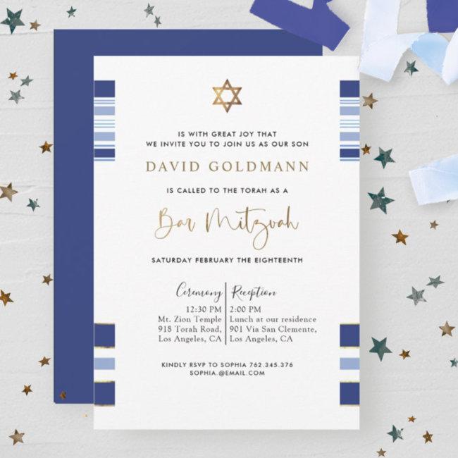 Elegant Blue And Gold Striped Tallit Bar Mitzvah I Invitation