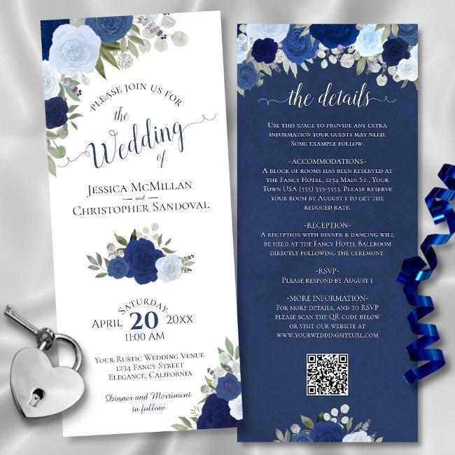 Elegant Blue Boho Roses Qr Code Details Wedding Invitation