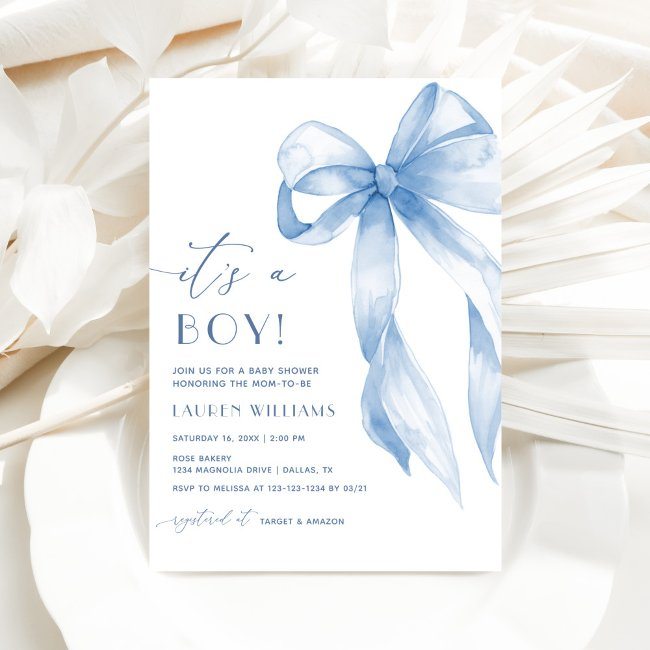 Elegant Blue Coquette Bow Its A Boy Baby Shower Invitation