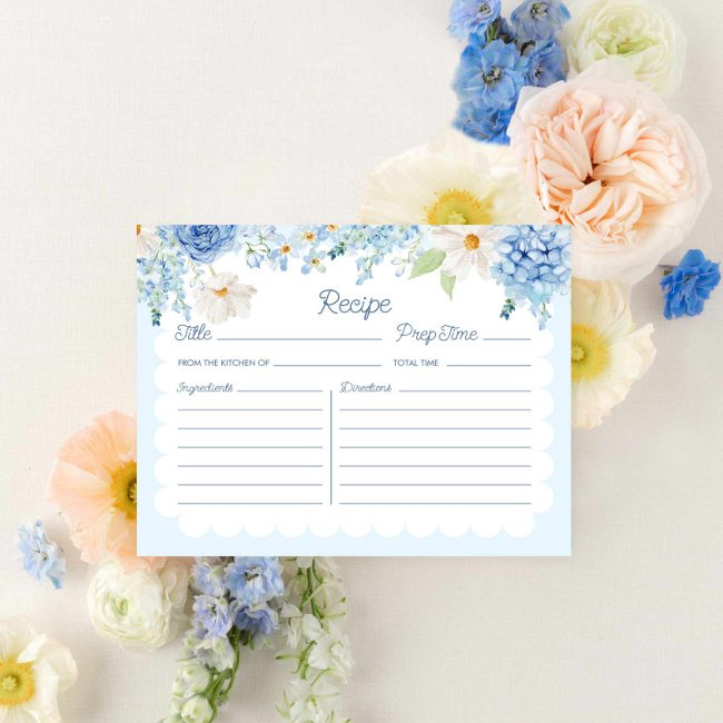 Elegant Blue Floral Bridal Recipe Invitations