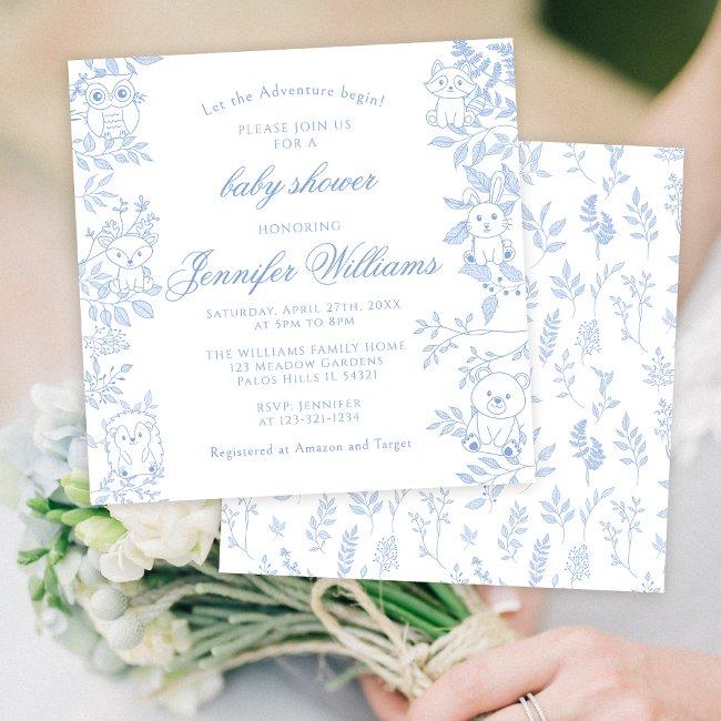 Elegant Blue Line Art Woodland Baby Boy Shower Invitation