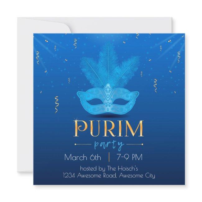 Elegant Blue Mask Purim Invitation