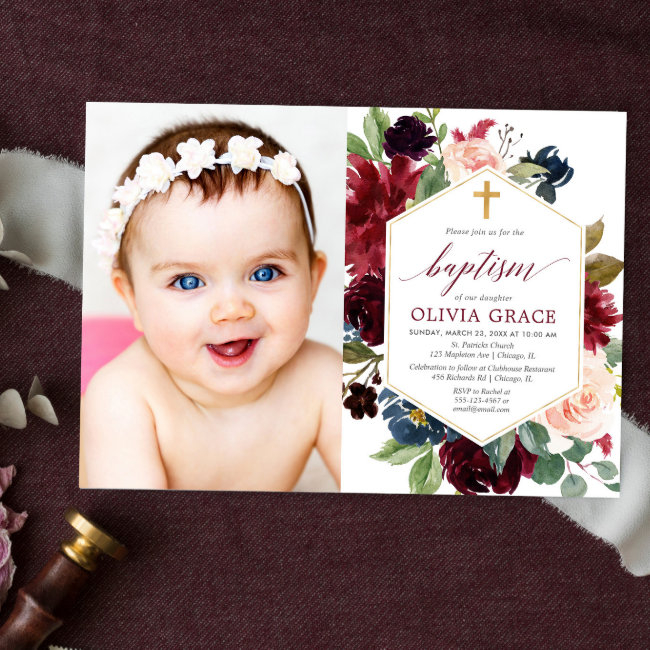 Elegant Blush Pink Burgundy Navy Baptism Photo Invitation