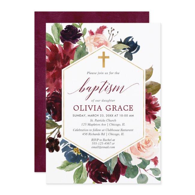 Elegant Blush Pink Burgundy Navy Girl Baptism Invitation