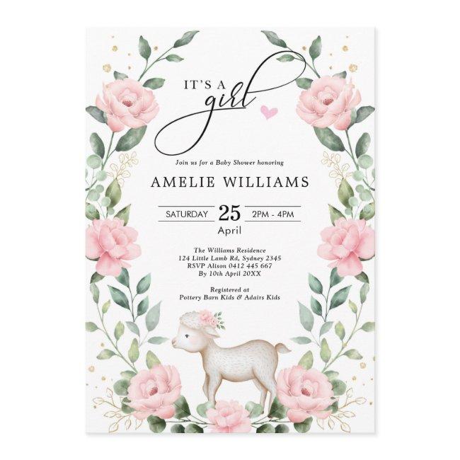 Elegant Blush Pink Flower Lamb Girl Baby Shower Invitation