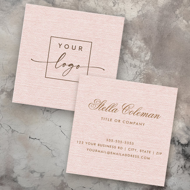 Elegant Blush Pink Linen Look Custom Logo Square Business Invitations