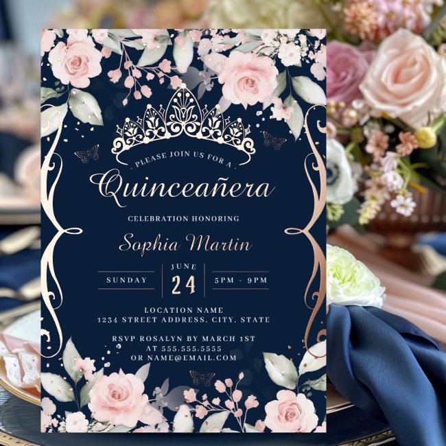 Elegant Blush Pink Navy Rose Gold Quinceanera Foil Invitation