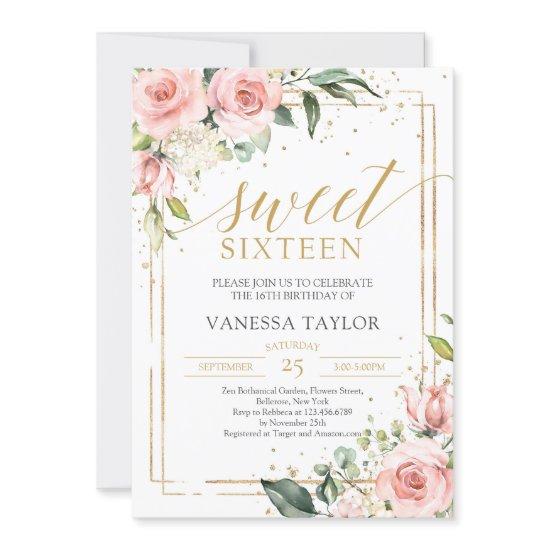 Elegant Boho Blush Pink Floral Gold Sweet Sixteen Invitation