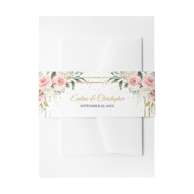 Elegant Boho Blush Pink Roses Greenery Gold Frame Invitation Belly Band
