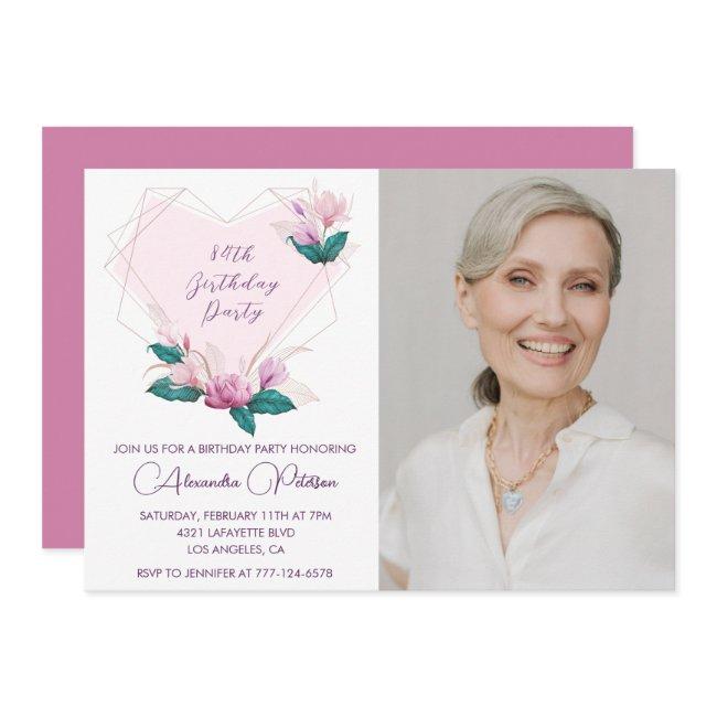 Elegant Boho Pink Floral Photo 84th Birthday Invitation