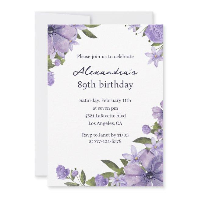 Elegant Boho Purple Floral 89th Birthday Invitation
