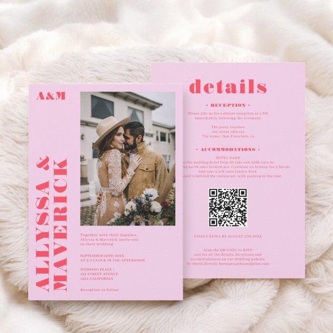 Elegant Bold Boho Red Hot Pink Photo Wedding Invitation