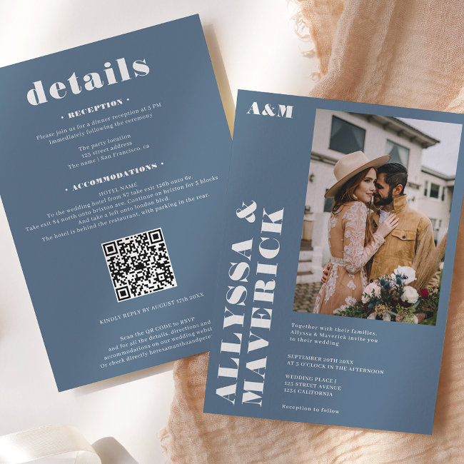 Elegant Bold Simple White Dusty Blue Photo Wedding Invitation