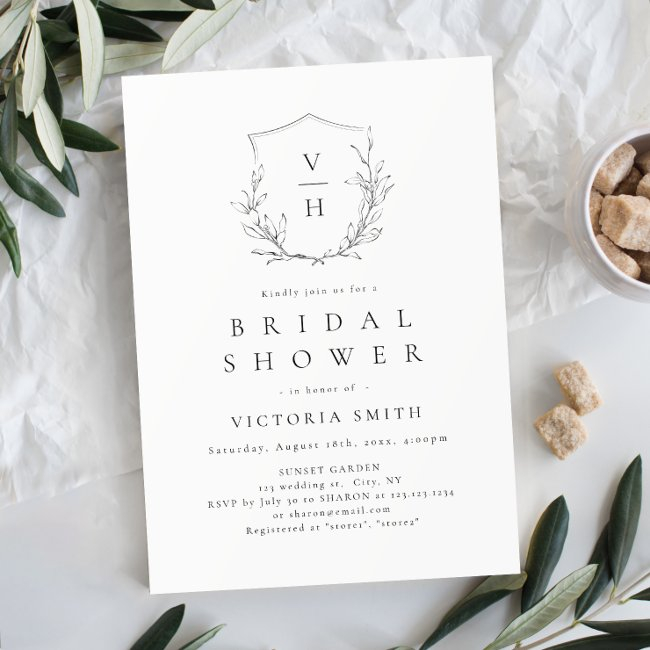 Elegant Botanical Crest Monogram Bridal Shower Invitation