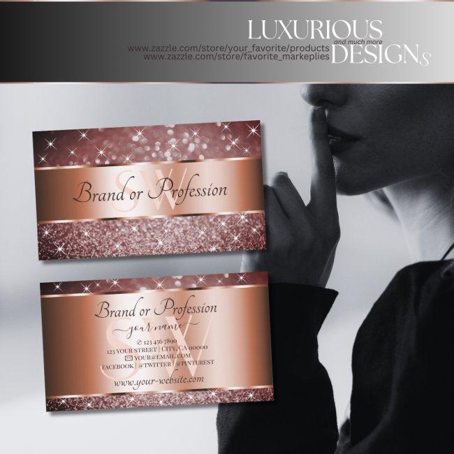 Elegant Burgundy Glitter Stars Monogram Rose Gold Business Invitations