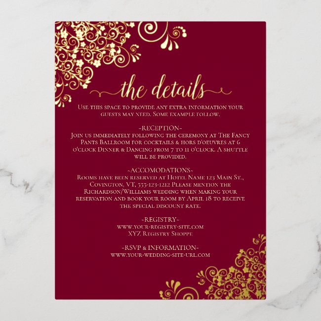 Elegant Burgundy & Gold Foil Wedding Details Invitations