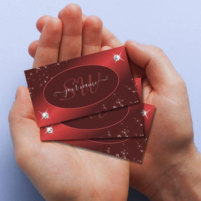 Elegant Burgundy Red Glitter Stars Jewels Monogram Business Invitations