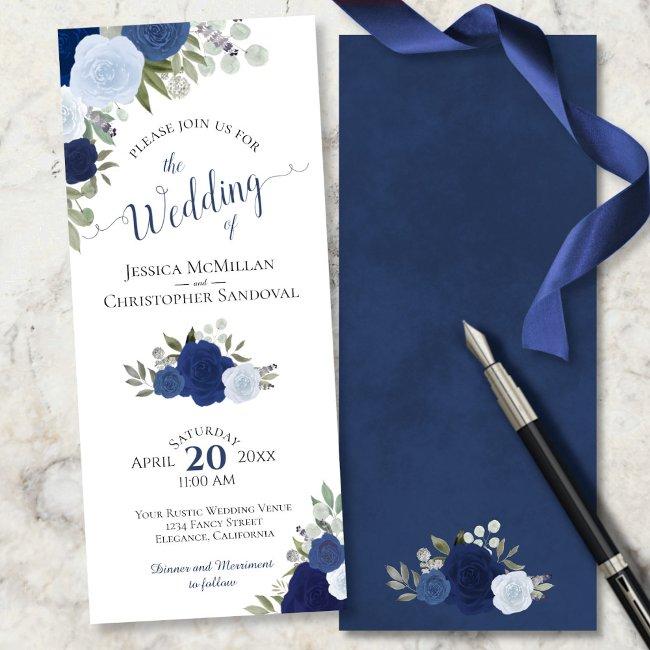Elegant Calligraphy Rustic Blue Boho Roses Wedding Invitation