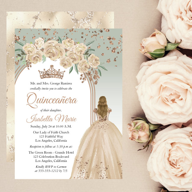 Elegant Champagne | Sage Floral Quinceañera Party Invitation