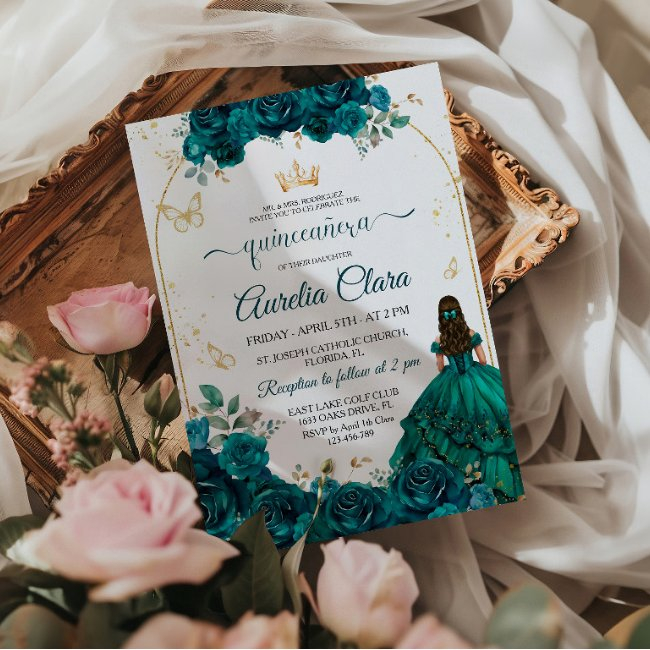 Elegant Chic Emerald Green Roses Gold Quinceanera Invitation