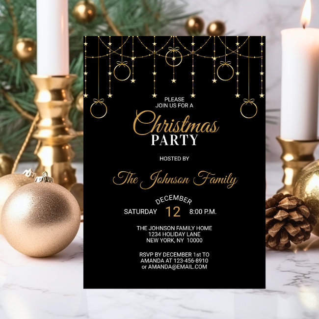 Elegant Christmas Party Black Gold Glitter Stars Invitation