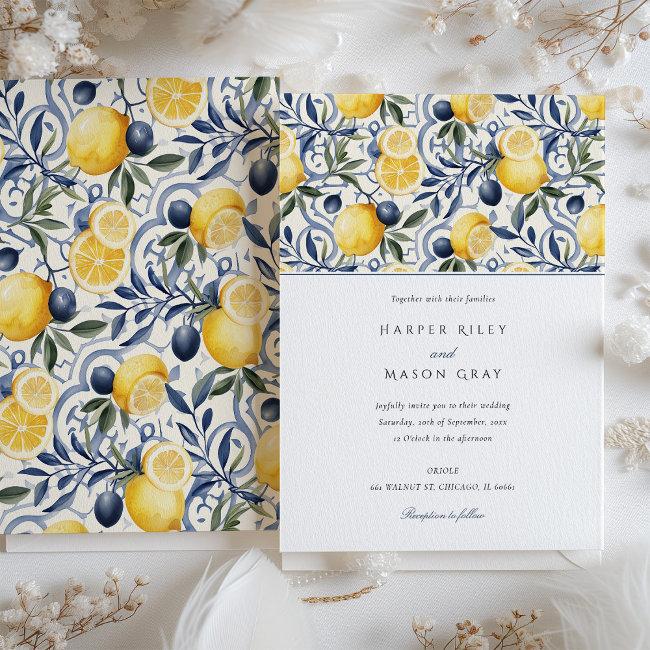 Elegant Citrus And Blue Botanical Wedding Invitation